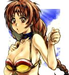  1girl bikini bikini_top_only braid breasts brown_eyes brown_hair choker cleavage cloud earrings gensou_suikoden gensou_suikoden_i headband ikunosake jewelry large_breasts long_hair looking_at_viewer open_mouth solo swimsuit tengaar_(suikoden) twin_braids 