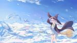  above_clouds absurdres blue_sky broom cloud coat elaina_(majo_no_tabitabi) flying hat highres holding holding_clothes holding_hat long_hair majo_no_tabitabi purple_eyes ribbon scenery skirt sky solo user_fset8853 white_hair witch witch_hat 