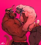  anthro arm_hair barazoku beard belt big_muscles big_pecs body_hair bottomwear bovid bovine brown_body brown_fur cattle chest_hair clothed clothing duo facial_hair fur hairy hat headgear headwear hi_res horn lifting_partner looking_at_viewer male male/male mammal manly musclegut muscular muscular_anthro muscular_male nightterror pants pecs pink_background shirtless short_tail side_view simple_background tattoo ursid white_body white_fur 