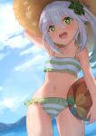  1girl :d absurdres adjusting_clothes adjusting_headwear alternate_costume armpits backlighting ball bangs bare_shoulders beachball bikini blue_sky blurry cloud cloudy_sky collarbone commentary depth_of_field english_commentary genshin_impact gradient_hair green_eyes gueya hair_between_eyes hair_ornament hat highres long_hair looking_at_viewer multicolored_hair nahida_(genshin_impact) navel pointy_ears see-through shorts side_ponytail sidelocks sky sleeveless smile solo spaghetti_strap stomach straw_hat striped striped_bikini sun_hat swimsuit symbol-shaped_pupils teeth wet wet_clothes wet_swimsuit white_hair 