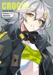  1girl black_jacket breasts candy character_name coll_(erichankun) commentary copyright_name croque_(girls&#039;_frontline_nc) food girls&#039;_frontline girls&#039;_frontline_neural_cloud goggles goggles_around_neck gradient_hair grey_background grey_hair hair_between_eyes hair_ornament hairclip highres jacket lollipop long_hair looking_at_viewer multicolored_hair open_clothes open_jacket open_mouth shirt signature simple_background small_breasts solo t-shirt twitter_username upper_body yellow_eyes 