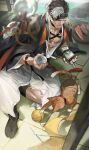  1boy alcohol black_hair black_kimono black_socks blue_eyes bracelet cat commentary_request cup eyepatch facial_hair food fruit full_body girls&#039;_frontline girls&#039;_frontline_neural_cloud gradient_kimono highres holding holding_cup indoors japanese_clothes jewelry kimono looking_at_viewer male_focus mechanical_arms muscular open_clothes pectorals python_(girls&#039;_frontline_nc) redsakaone sakazuki sake scar scar_on_face short_hair single_mechanical_arm sitting snake_print socks solo tabi tatami watermelon watermelon_slice white_hair wind_chime yarn yarn_ball 