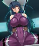  1girl black_hair blush bodysuit bound bound_arms breasts cameltoe collar covered_navel covered_nipples green_eyes highres igawa_asagi long_hair looking_at_viewer ninja no1218 purple_bodysuit restrained solo spread_legs taimanin_(series) taimanin_asagi 