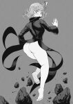  ! 1girl absurdres accidental_exposure ass ass_focus bangs barefoot dress floating floating_rock greyscale highres looking_back monochrome no_panties one-punch_man short_hair solo speedl00ver tatsumaki upskirt 