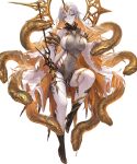  1girl bangs blonde_hair breasts fire_emblem fire_emblem_heroes gold_trim gradient gradient_hair grey_hair gullveig_(fire_emblem) highres horns large_breasts long_hair long_sleeves multicolored_hair non-web_source official_art parted_bangs single_horn snake solo two-tone_hair wide_sleeves yellow_eyes yoshiku_(oden-usagi) 