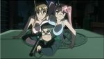  2girls breasts cleavage glasses gun highschool_of_the_dead hirano_kohta miyamoto_rei multiple_girls takagi_saya twin_tails twintails weapon 