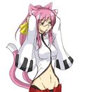  animal_ears arc_system_works arms_up blazblue cat_ears cat_tail female glasses kokonoe labcoat long_hair midriff multiple_tails pink_hair ponytail ribbon simple_background solo tail tomoesei_chuuya white_background yellow_ribbon 