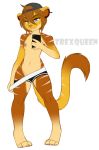  anthro blue_eyes breasts brown_fur cellphone cleo_(theredghost) female flat_chested fur hair hat hi_res mammal marsupial nipple_piercing nipples phone piercing red_hair selfie small_breasts solo stripes teasing thylacoleo tomboy trexqueen yellow_fur 