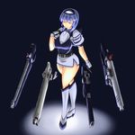  armored_core:_for_answer armored_core_4 blue_hair curvy energy_gun eyes_closed from_software heels high_laser_rifle laser_rifle mecha_musume plasma_rifle rail_gun skirt smile thick_thighs weapon y01-tellus 