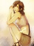  bare_shoulders breasts brown_eyes brown_hair demon&#039;s_souls demon's_souls female from_software gradient gradient_background long_hair midriff original saw_(pixiv2042316) shorts solo souls_(from_software) squat squatting suspenders tank_top tanktop 