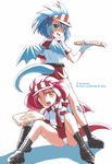  2girls banjo-kazooie blue_hair chili_billi chilly_willy costume food genderswap green_eyes multiple_girls open_mouth orange_eyes panties personification pizza rareware red_hair skates skirt tail underwear uniform upskirt wings 