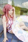  blue_eyes code_geass cosplay double_bun euphemia_li_britannia hair_buns innertube long_hair photo pink_hair sitting solo swimsuit tatsuki 