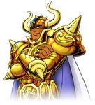  1boy araki_shingo armor brazilian crossed_arms dark_skin eyebrows gold helmet horns knights_of_the_zodiac lowres male male_focus manly muscle oldschool portrait saint_seiya solo taurus_aldebaran 