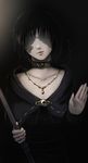  black_hair choker demon&#039;s_souls demon's_souls dress female from_software gradient gradient_background highres jewelry lgreen long_hair maiden_in_black necklace solo souls_(from_software) staff 