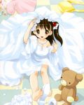  1girl azuma_yuki brown_eyes brown_hair child crayon crayons dress feet kindergarten_uniform long_hair oversized_clothes shoe_dangle stuffed_animal teddy_bear wedding_dress 