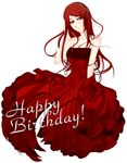  bare_shoulders blazblue blue_eyes blush breasts dress hairband happy_birthday large_breasts light_smile no_legs noco red_dress red_hair ribbon solo strapless strapless_dress tsubaki_yayoi 