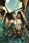  1boy ashley_riot belt brown_hair gauntlet gauntlets jewelry male_focus necklace outdoors ruins sky solo sword vagrant_story weapon 