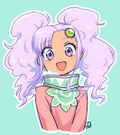  1girl :d asymmetrical_bangs bangs blue_background cropped_torso forehead highres long_hair looking_at_viewer meredy_(tales) muu_(mumumer) outline pink_shirt purple_eyes purple_hair shirt simple_background smile solo tales_of_(series) tales_of_eternia twintails upper_body white_outline 
