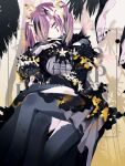  1girl black_dress closed_mouth dress extra_legs fingernails grey_eyes grey_thighhighs head_tilt highres jewelry kuroi_moyamoya looking_at_viewer monster_girl original purple_hair ring sitting solo thighhighs twintails 