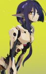  1girl android closed_mouth colored_skin copyright_request green_background grey_skin highres kuroi_moyamoya looking_at_viewer mechanical_parts orange_eyes purple_hair robot short_hair_with_long_locks simple_background solo 