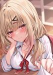  1girl bangs blonde_hair blurry blurry_background blush breast_rest breasts button_gap cheek_rest cleavage closed_mouth clothes_pull collared_shirt colored_tips elbow_rest gradient_hair hair_ornament hair_over_shoulder hairclip hand_on_own_face highres hizuki_higure holding indoors large_breasts long_hair looking_at_viewer low_twintails md5_mismatch multicolored_hair neck_ribbon original pov red_eyes red_ribbon resolution_mismatch ribbon school_uniform shirt shirt_pull sidelocks sitting sleeves_rolled_up smile solo_focus source_smaller twintails upper_body white_shirt 