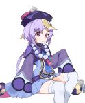  1girl 1other bangs bead_necklace beads cape chinese_clothes coin_hair_ornament commentary_request genshin_impact hair_between_eyes hair_ornament hat hilichurl_(genshin_impact) jewelry jiangshi long_hair long_sleeves low_ponytail mearyo necklace ofuda orb parted_lips purple_eyes purple_hair qing_guanmao qiqi_(genshin_impact) sidelocks simple_background sitting sleeves_past_wrists thighhighs vision_(genshin_impact) white_background white_thighhighs yin_yang yin_yang_orb zettai_ryouiki 