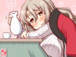  1girl alcohol breast_press brown_eyes choko_(cup) cup drink grey_hair indoors jacket kanon_(kurogane_knights) kantai_collection kotatsu looking_at_viewer one-hour_drawing_challenge pola_(kancolle) red_jacket ribbed_sweater sake sweater table tokkuri wavy_hair white_sweater 