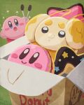  :&lt; :o arm_up blue_eyes blush blush_stickers box character_food dog doughnut drooling fidough food full_body green_background highres holding_tongs kirby kirby_(series) miclot no_humans open_mouth pastry_box pokemon simple_background sparkle star_(symbol) tongs 