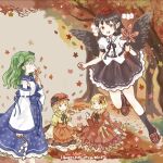  4girls aki_minoriko aki_shizuha apron autumn_leaves bangs bird_wings black_hair black_ribbon black_skirt black_socks black_wings blonde_hair blue_skirt commentary_request dress feathered_wings flying frilled_skirt frills gohei grape_hat_ornament green_eyes green_hair hand_fan hat hauchiwa highres holding holding_fan holding_leaf juliet_sleeves kneehighs kochiya_sanae leaf long_hair long_sleeves medium_hair mob_cap multiple_girls neck_ribbon onigiri_(ginseitou) open_mouth orange_apron orange_dress orange_eyes pointy_ears pom_pom_(clothes) puffy_short_sleeves puffy_sleeves red_eyes red_footwear red_headwear red_ribbon ribbon shameimaru_aya shirt short_hair short_sleeves skirt smile socks touhou tree very_long_hair vest white_shirt white_vest wide_sleeves wings yellow_shirt 