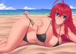  1girl ahoge bangs beach bikini bikini_pull black_bikini blue_eyes blurry blurry_background breast_press breasts cleavage closed_mouth clothes_pull collarbone crossed_bangs hair_between_eyes high_school_dxd large_breasts looking_at_viewer lying navel ocean pulled_by_self red_hair rias_gremory rocky-ace side-tie_bikini_bottom signature smile solo swimsuit thighs 