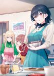  3girls apron aqua_eyes black_shirt blonde_hair blush bowl brown_hair butter calendar_(object) cardigan cherry_blossom_print chocolate closed_mouth commentary_request day door egg floral_print food green_shirt highres holding holding_bowl hyuuga_azuri indoors kitchen long_hair long_sleeves looking_away multiple_girls official_art open_mouth original pink_nails red_cardigan red_eyes shiny shiny_hair shirt sidelocks smile standing sun turtleneck vest white_vest 