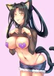  1girl :p animal_ear_fluff animal_ears arkfield black_hair breasts brown_sweater cat_ears cat_girl cat_tail clothes_lift denim denim_shorts hair_intakes hair_rings heart_pasties high_school_dxd highleg highleg_panties highres kuroka_(high_school_dxd) large_breasts leaning_forward lifted_by_self looking_at_viewer multiple_tails navel nekomata panties pasties pink_background purple_panties shorts simple_background solo sweater sweater_lift tail tongue tongue_out turtleneck turtleneck_sweater underwear yellow_eyes 