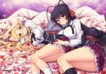  2girls asia_argento ass black_corset black_hair black_ribbon black_socks blonde_hair breasts collared_shirt corset elbow_rest english_commentary green_eyes hair_ribbon hand_on_another&#039;s_thigh head_rest high_school_dxd himejima_akeno kneehighs kuoh_academy_school_uniform large_breasts light_blush long_hair long_sleeves looking_at_viewer lying multiple_girls neck_ribbon on_bed on_side orange_ribbon parted_lips patreon_username petals pleated_skirt ponytail purple_eyes purple_nails purple_skirt ribbon rose_petals school_uniform shiny shiny_skin shirt short_sleeves skirt small_breasts smile socks very_long_hair virus-g white_shirt white_socks 