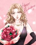  1girl black_dress black_gloves blonde_hair bouquet breasts cleavage dress earrings elbow_gloves gloves happy_birthday jewelry kizakura_karen lipstick long_hai looking_at_viewer makeup medium_breasts necklace pink_background sawai_ka solo upper_body yellow_eyes yuukan_club 