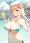  1girl adjusting_clothes bangs bikini blonde_hair blue_bikini blue_eyes blue_sky blunt_bangs blurry blurry_background blush braid breasts caustics cleavage cloud commentary_request day depth_of_field flower food front-tie_bikini_top front-tie_top hair_flower hair_ornament halterneck hands_up holding_ice_cream kuroe_(sugarberry) large_breasts long_hair looking_at_viewer navel original outdoors palm_tree parted_lips popsicle rock side-tie_bikini_bottom sidelocks skindentation sky smile solo stomach string_bikini swimsuit tree water 
