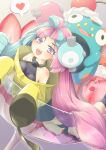  absurdres bellibolt blue_hair bow-shaped_hair character_hair_ornament hair_ornament hexagon_print highres iono_(pokemon) jacket kakiikada long_hair low-tied_long_hair multicolored_hair oversized_clothes pink_eyes pink_hair pokemon pokemon_(game) pokemon_sv sharp_teeth sleeves_past_fingers sleeves_past_wrists split-color_hair teeth twintails two-tone_hair very_long_hair very_long_sleeves x yellow_jacket 