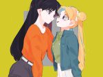  2girls belt bishoujo_senshi_sailor_moon black_eyes black_hair blonde_hair blue_eyes bow closed_mouth double_bun face-to-face green_shirt grey_pants hair_bow hair_bun hino_rei kuroi_moyamoya long_hair multicolored_hair multiple_girls orange_shirt pants pleated_skirt shirt skirt smile streaked_hair sweat tsukino_usagi twintails white_belt white_bow white_skirt wide-eyed yuri 