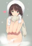  1girl blush breasts brown_hair cleavage gloves green_eyes groin hat highres large_breasts looking_at_viewer mole mole_under_eye naked_scarf navel nude original scarf smile solo white_gloves yaegashi_nan 