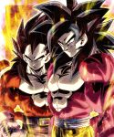  2boys absurdres aura black_hair body_fur dougi dragon_ball dragon_ball_gt energy glowing highres monkey_boy monkey_tail multiple_boys muscular muscular_male red_fur saiyan sekitsuki_hayato smirk son_goku spiked_hair super_saiyan super_saiyan_4 tail topless_male vegeta 