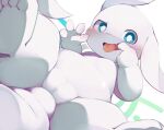  2022 3_toes 4_fingers absurd_res ambiguous_gender ambiguous_species aoino blue_eyes blush blush_lines close-up cute_fangs digital_media_(artwork) eye_glint featureless_crotch feet finger_in_mouth fingers front_view gesture glistening glistening_tongue hi_res kemono long_ears looking_at_viewer mocking narrowed_eyes open_mouth pupils solo toes tongue tongue_out v_sign white_body white_ears white_face white_pupils white_skin 