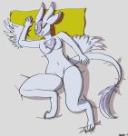  3_toes 4_ears anthro avali avalon_(avali) bed_sheet bedding breasts dragon feathered_arms feathered_dragon feathers featureless_breasts featureless_crotch feet female hi_res multi_ear naaka navel non-mammal_breasts pillow quake-1 sleeping solo tail_feathers toes wings 
