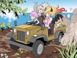  animal_ears black_hair blonde_hair blue_eyes blue_hair branch breasts cleavage demon_girl demon_horns demon_wings driving dust_cloud egokorokid flower frown gradient_hair green_eyes grey_eyes grey_hair ground_vehicle heterochromia himemori_luna hololive horizon horns jeep large_breasts leaf lion_ears lion_girl motor_vehicle multicolored_hair ocean oozora_subaru pink_hair purple_eyes red_hair serious shirt shishiro_botan short_hair signature sparkle striped striped_shirt tongue tongue_out virtual_youtuber wings yuzuki_choco 