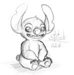  2022 4_toes absurd_res alien ambiguous_gender character_name chest_tuft disney english_text experiment_(lilo_and_stitch) feet fur greyscale head_tuft hi_res lilo_and_stitch looking_at_viewer male_(lore) monochrome notched_ear open_mouth open_smile pawpads simple_background sitting sketch small_tail smile solar-lens solo stitch_(lilo_and_stitch) text toes tuft white_background 