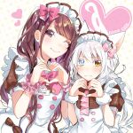  2girls absurdres alternate_costume animal_ear_fluff animal_ears apron at-home_cafe bangs blue_eyes blush bow bowtie bracelet brown_bow brown_eyes brown_hair cat_ears cat_girl catulus_syndrome collaboration colored_eyelashes copyright_name crossover english_text enmaided finger_heart frilled_apron frills fur_cuffs hair_bow heart heterochromia highres jewelry leaning_on_person logo long_hair looking_at_viewer maid maid_apron maid_day maid_headdress moe_moe_kyun! multiple_girls name_tag necktie one_eye_closed original pink_bow pink_bowtie pink_necktie pink_scrunchie puffy_short_sleeves puffy_sleeves scrunchie shinonome_neko-tarou shiny shiny_hair shirakaba_yuki short_sleeves shy sleeve_cuffs smile swept_bangs upper_body wavy_mouth white_apron white_background white_hair white_wrist_cuffs yellow_eyes 