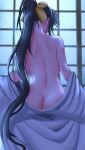  1girl absurdres ass back backboob backlighting black_hair breasts butt_crack commentary_request from_behind hair_ribbon high_school_dxd highres himejima_akeno japanese_clothes kimono large_breasts long_hair nape night nude orange_ribbon ponytail ribbon sliding_doors solo steam_erobou undressing very_long_hair white_kimono 