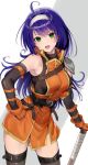  1girl :d ahoge armor bangs bare_shoulders black_thighhighs commentary_request cowboy_shot dress elbow_gloves fire_emblem fire_emblem:_radiant_dawn gloves green_eyes hairband haru_(nakajou-28) long_hair looking_at_viewer mia_(fire_emblem) open_mouth orange_dress orange_gloves pauldrons purple_hair short_dress shoulder_armor sleeveless sleeveless_dress smile solo standing thighhighs very_long_hair white_background white_hairband 