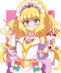 1girl bangs blonde_hair blue_eyes blunt_bangs blush brooch choker cure_finale delicious_party_precure food heart_brooch high_ponytail highres ice_cream jewelry kasai_amane keima_(mfng4224) long_hair magical_girl precure sidelocks smile solo sorbet_(food) spoon white_choker 