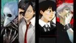  2boys animal_skull beak bestial_choujin black_hair black_jacket black_necktie black_shirt chain choujin_x collared_shirt covering_mouth covering_one_eye eyepatch feather_collar feathers fingernails glowing glowing_eyes hair_over_one_eye highres hollow_eyes ishida_sui jacket kaneki_ken kurohara_tokio_(choujin_x) looking_to_the_side medical_eyepatch multiple_boys necktie official_art red_eyes red_necktie sharp_fingernails shirt short_hair talons tokyo_ghoul white_hair white_shirt wrist_cuffs 