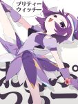  1girl :d dress earrings gloves hat highres jewelry kuroi_moyamoya looking_at_viewer ojamajo_doremi puffy_short_sleeves puffy_sleeves purple_dress purple_eyes purple_gloves purple_hair purple_headwear segawa_onpu short_sleeves smile solo split standing standing_on_one_leg standing_split 