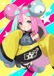  1girl bangs bare_shoulders black_shorts blue_hair blush bow-shaped_hair breasts character_hair_ornament grey_eyes grin hair_ornament highres iono_(pokemon) jacket light_blue_hair long_hair long_sleeves looking_at_viewer low_twintails multicolored_hair pink_hair pokemon pokemon_(game) pokemon_sv sharp_teeth shimon_(31426784) shorts sleeves_past_fingers sleeves_past_wrists small_breasts smile solo split-color_hair teeth twintails yellow_jacket 